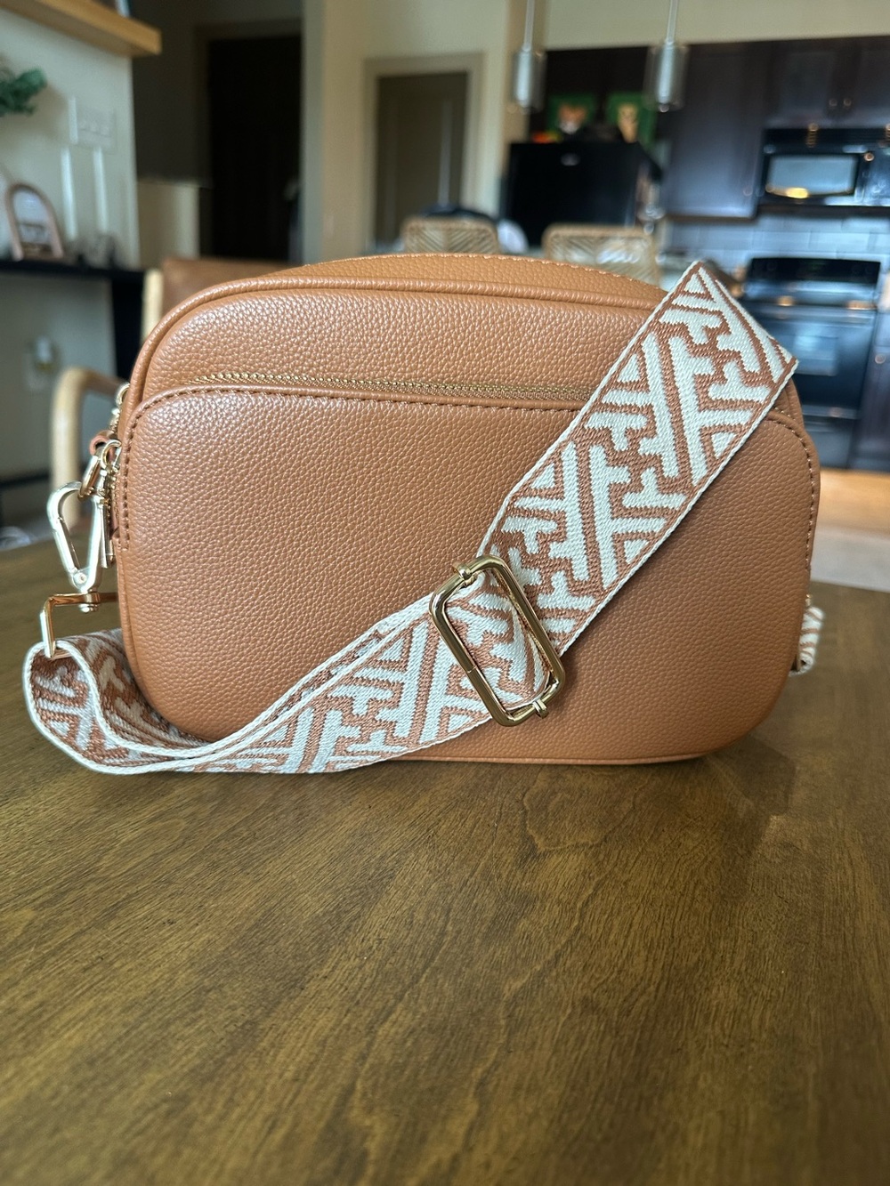 Structured Tan Crossbody Bag with Patterned Adjustable Strap